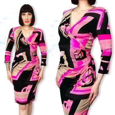 Vintage LEONARD 1970's Style Pink Striped Geometric Op Art Print Silk Jersey Wrap Style Dress - size Small to Medium 