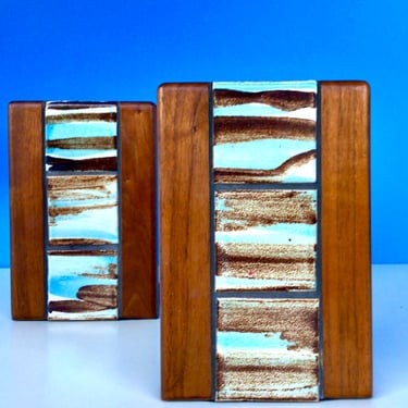 MCM Teak and Art Tile Book Ends — Mid-Century Modern Library Chic 