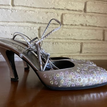 Vintage Versace Heels Size 37.5 Silver Stars Sling Back Tie On Mules Made In Italy US 7 