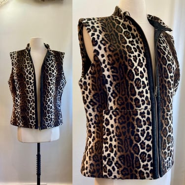 Vintage 60s 70s LEOPARD VEST Jacket / Sporty Layer / Quality Faux Fur / YKK Zip Front + Front Pockets 