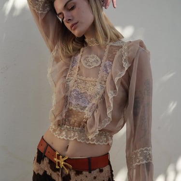 Vintage Sheer Blouse / Mixed Beige and White Lace Blouse Crop Top /  High Neckline / 1970's 1980's Cream Top / Sheer Sleeves Victorian Look 