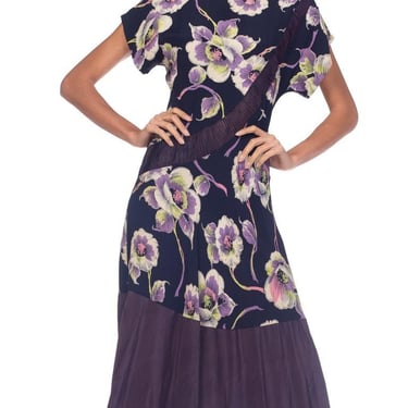 1940S Navy, Lime Green & Purple Rayon Floral Printed  Dress With Taffeta Hem 