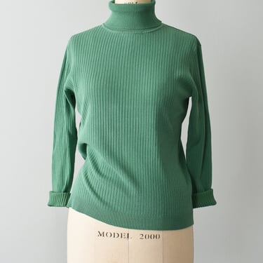 vintage silk knit turtleneck, green ribbed pullover, size S 
