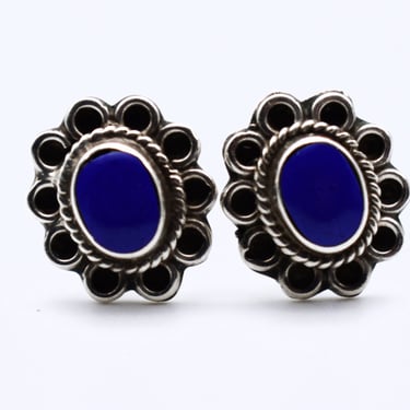 70's sterling lapis lazuli Southwestern flower studs, dainty 925 silver floral hippie earrings 