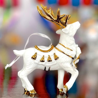 VINTAGE: Bisque Porcelain Christmas Reindeer Ornament - White Porcelain and Gold Ornament - Holiday Ornament - SKU 00040177 