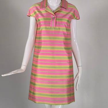 1960s Pink Yellow Green Stripe Slub Silk Cap Sleeve Princess Seam Dress