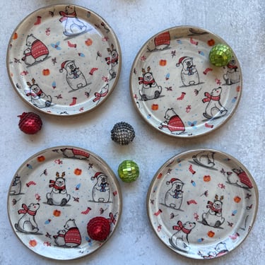 Christmas dessert plate set, set of four ceramic plates, handmade ceramics 