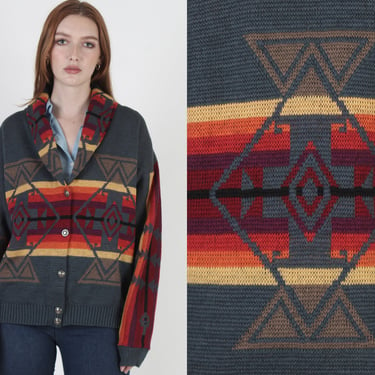 Mens Pendleton Southwestern Print Cardigan Sweater, Vintage 80s Wool Native American Jumper Size Large 
