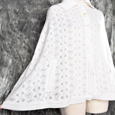 1960's White Sweater Cape Jacket, Knit, A Line, MOD style Flared Vintage Soft Acrylic Sweater, Arm Holes, 1970's, Button Down Hippie Boho 