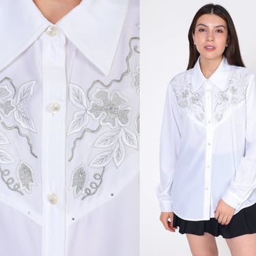 White Western Shirt 90s Metallic Floral Embroidered Shirt Rhinestone Cowboy Blouse Button Up Top Rodeo Long Sleeve Vintage 1990s Medium 8 