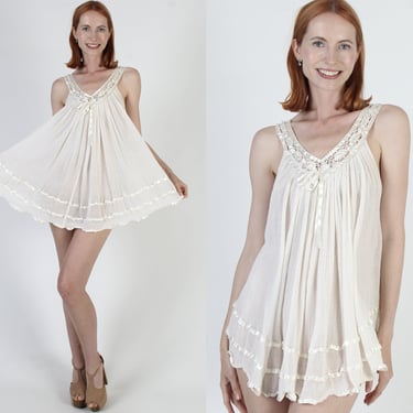 Off White Gauze Mexican Tank Dress / Thin Sheer Sleeveless Cotton Sundress / Crochet Beach Cover Up Top 