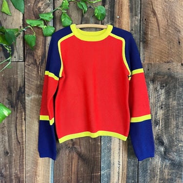 Vintage 70s 80s Tri Color Knit Sweater Red Yellow Blue Freedom Sleeve size M to L 