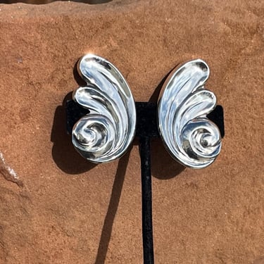 Villasana ~ Vintage Taxco Sterling Silver Large Midcentury Curved Wing Screw Back Earrings c. 1950's 