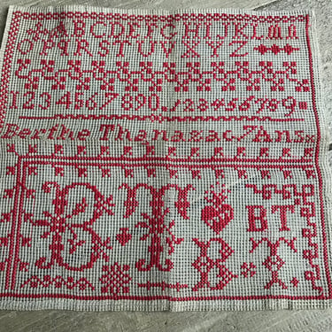 French Red Embroidery Sampler, Folk Art, Farmhouse, 19th C Historical, Collectable, Letters, Numbers, Heart 