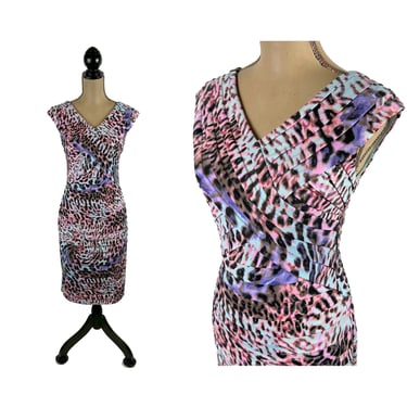 S Y2K Fitted Sleeveless Midi Dress Small, Pink Blue Abstract Animal Print Bodycon Wiggle Summer Cocktail Party, 2000s Clothes Women Vintage 