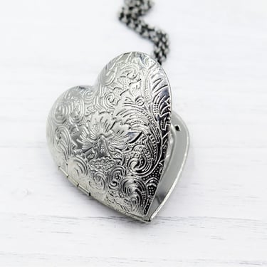 Large Heart Locket Necklace, Silver Pendant, Photo Gift, Unique Heart Gift with Pictures, Romancecore 