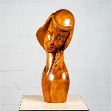 Mid Century Modern Carved Female Sculpture Solid Teak Wooden Marked Bust Mcm Art