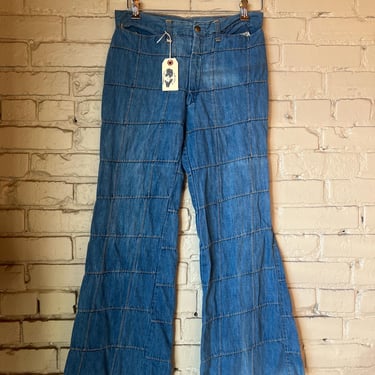 30” Waist, Vintage 1970s Grid Patchwork Pattern Jeans, Cotton, Hippie 