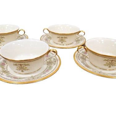 4 Lenox Castle Garden 2 Handle Cream Soup Bowls & Saucers/Dessert Plates 