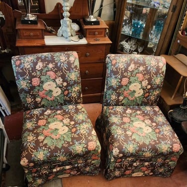Pair of Floral Skirted Slipper Chairs.
