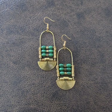 Green magnesite stone and gold ethnic statement earrings 