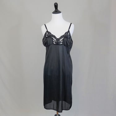 80s Black Slip - Lace Trim Full Nylon Dress Slip - Simple Pleasures - Vintage 1980s - Size 38 