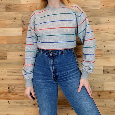 70's French Vintage Striped Crewneck Pullover Sweatshirt Top 