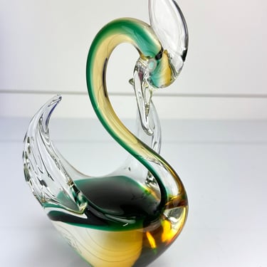 Vintage Murano Vetri Blown Art Glass Swan Bird Figure Green Yellow Italy 7.5