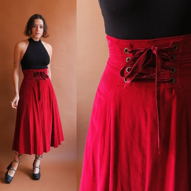 Vintage Lace Up Corset Front Velveteen Skirt/ Dark Red High Waist Full Velvet Skirt/ Size XXS XS 24 