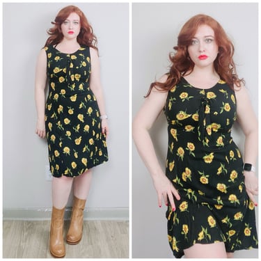 1990s Vintage Black and Yellow Sunflower Print Wiggle Dress / 90s Grunge Floral  Bow Tie Rayon Dress / Size Medium - Large 