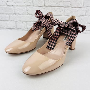 Miu Miu New Ankle-wrap Ribbon Patent 45mm Block-heel Pumps, Size 39.5, Nude