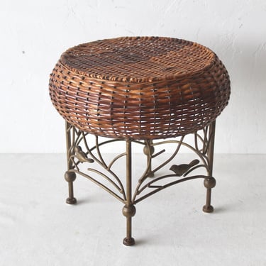 Woven Wicker Low Stool Footrest Bronze Finish Metal Base Birds Details Vintage Mid-Century 