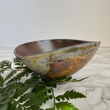Studio Pottery Bowl Oblong Footed Bowl Brown Grey Vintage Hand Made Pottery Boho Decor 