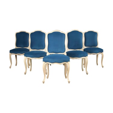 French Louis XV Style Painted Dining Chairs W/ Blue Velvet - Set of 6 