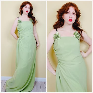 Y2K Jordan Mint Green Ruched Romantic Evening Gown / Vintage 3D Flower Fairy Maxi Prom Dress / Size XL 