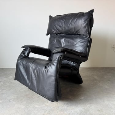 1980s Vintage Postmodern Percival Lafer “Pony” Model Recliner Lounge Chair In Original Black Leather 