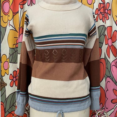 vintage 1970s striped turtle neck sweater s/m vicki volts drawstring boho hippie 