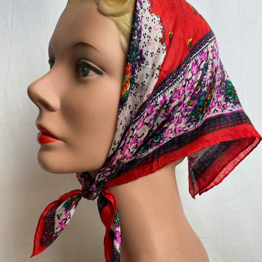 Beautiful silk scarf~ 40’s 50’s colorful hand rolled floral square neck tie, hair tie neckerchief head scarf pinup style 