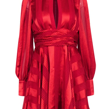 Alexis - Red &amp; Orange Geometric Printed Satin Dress Sz M
