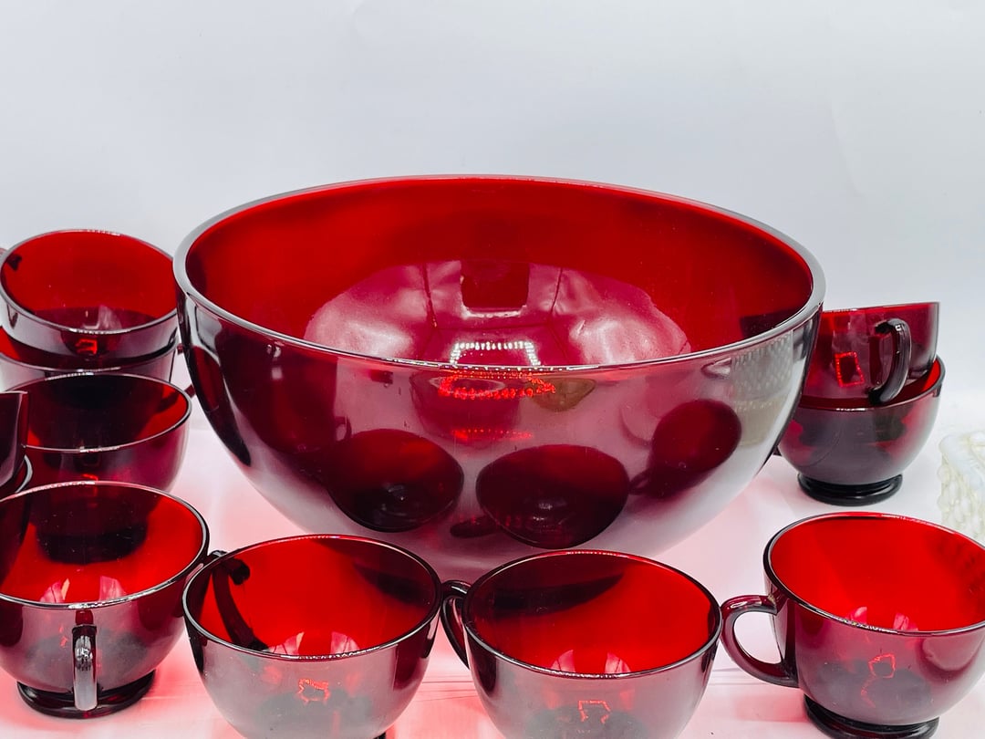 Indiana Glass Whitehall Ruby Red punch bowl authentic set