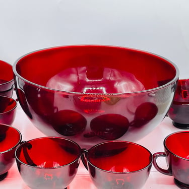 Anchor Hocking Royal Ruby Red Punch Bowl Base 12 Cups Depression Glass vintage 