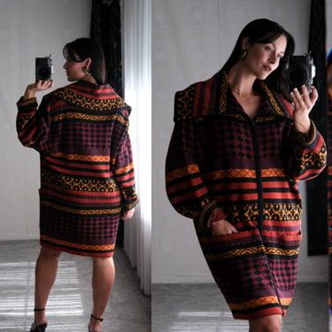 Vintage 80s ANDREA JOVINE Pattern on Pattern Woven Wool Cardigan Duster w/ Pockets | 100% Wool | 1980s Designer Bohemian Wide Collar Sweater 