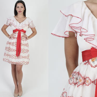Vintage 70s Charming Velvet Floral Dress, Layered Ruffle Dress, Red Bow Mini, Wedding Cocktail Party White Mini Dress 