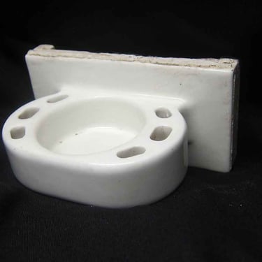 Vintage White Ceramic Porcelain Tooth Brush & Cup Flush Mount Holder