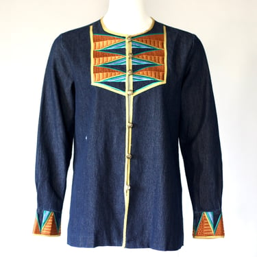 Vintage Bob Mackie Embroidered Denim Shirt Jacket - Collarless Button Down Flared Blouse - Small 