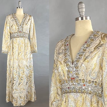 1960s Beaded Dress / Gold and Silver Metallic Brocade Paisley Gown With Multicolor Beading / 1960s  Paisley Dress / Size Medium 