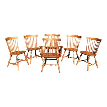 Vintage Set of 6 Ethan Allen Heirloom Nutmeg Solid Maple Windsor Dining Chairs