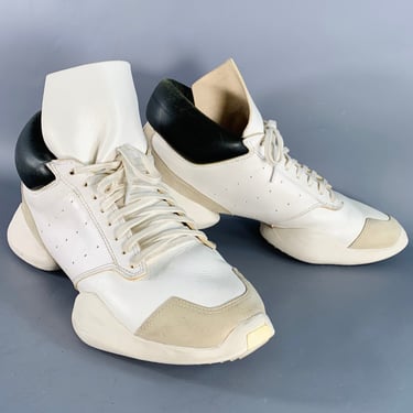 ADIDAS x RICK OWENS SS14 Size 10.5 Vicious White Black Taupe Color Block Leather Chunky Sole Sneakers