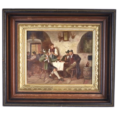 Rudolf Epp German Munich School Oil Painting “The Braggart” Tavern w Dog 