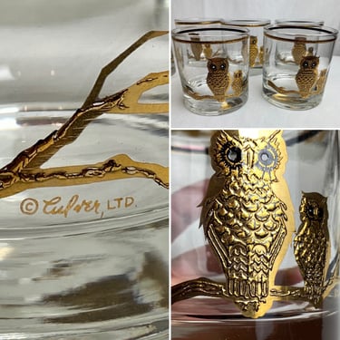 MCM set of 8 Culver Ltd glasses ~ unused dead stock Mint 22k gold leaf signed novelty Owl glasses / whiskey old fashioned style 60’s 